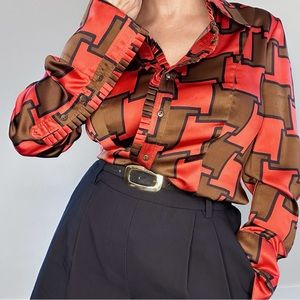 Vintage Silk Abstract Print Button Up Blouse with Ruffle Detail